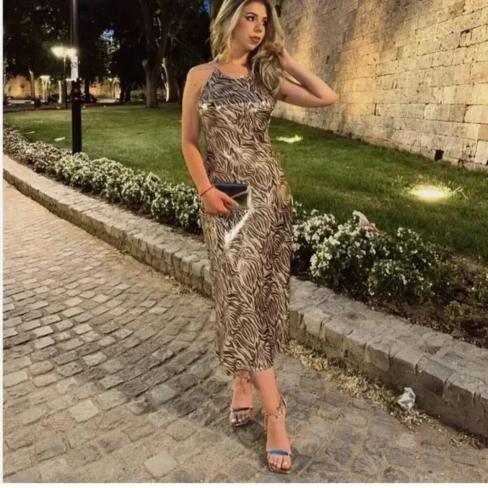 Zara Foil Animal Print Halter Midi Dress